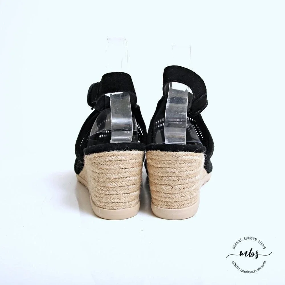 Eileen Fisher Aura Suede Slingback Espadrille Wedges Black‎ Women 9